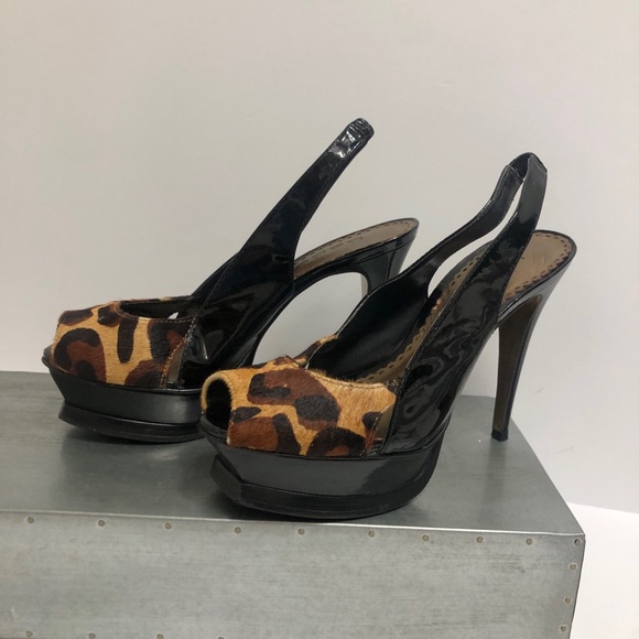 Bebe Leopard Platform Sling Back Stilettos Patented Leather Sz 5 - Picture 2 of 10